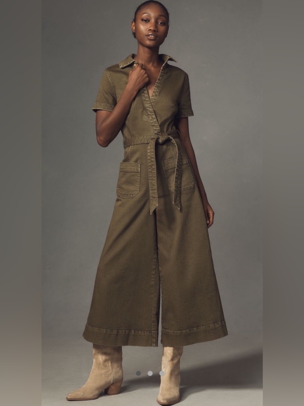 Anthropologie The Colette Wrap Jumpsuit by Maeve Denim Edition Olive